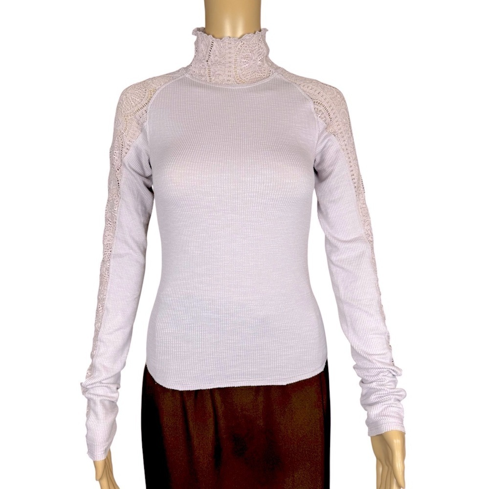 NWT New Free People Freddie Lace Rib Turtleneck Mauve Lilac Top Size XS